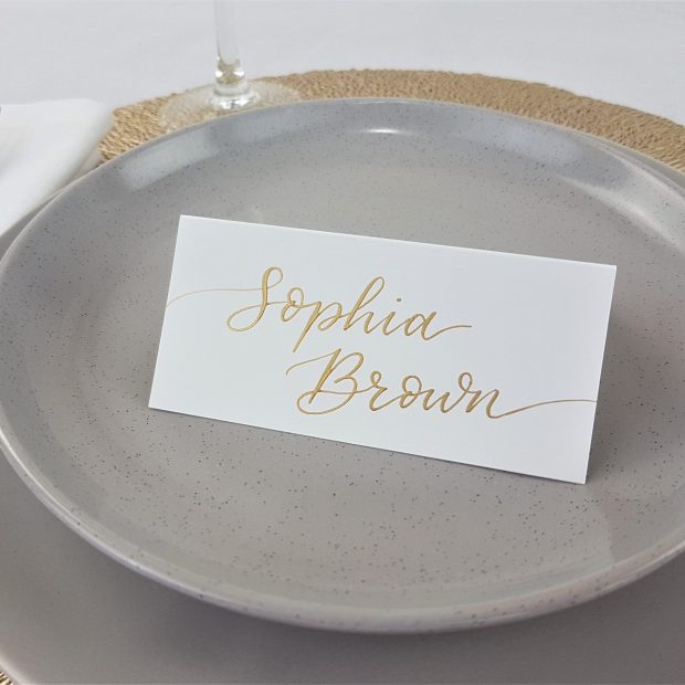 Place Cards - Gold Ink on White Tent Cardstock